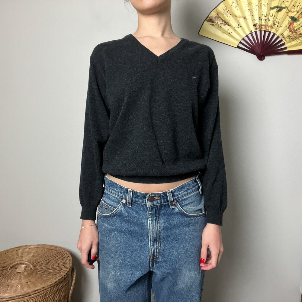 vintage gray wool minimalist slouchy baggy oversized cropped v neck sweater